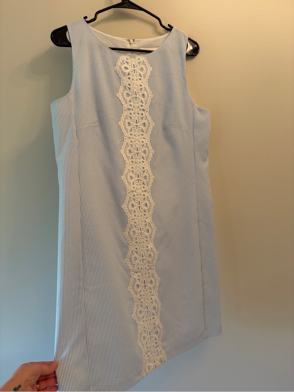 Pappagallo | Light Blue Seersucker Mini Dress with White Lace Panel size 10